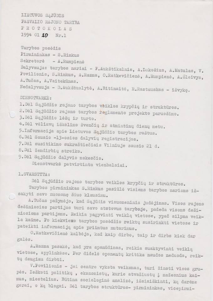 Lietuvos Sajūdžio Pasvalio rajono Tarybos 1994 m. sausio 20 d. posėdžio PROTOKOLAS Nr. 1